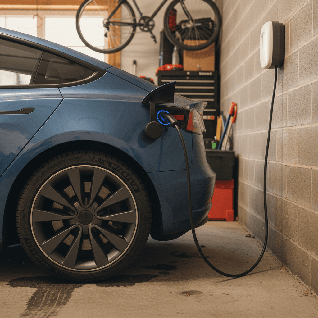 Used 2023 Tesla Model 3 charging at a home Level 2 wall charger in a modern garage