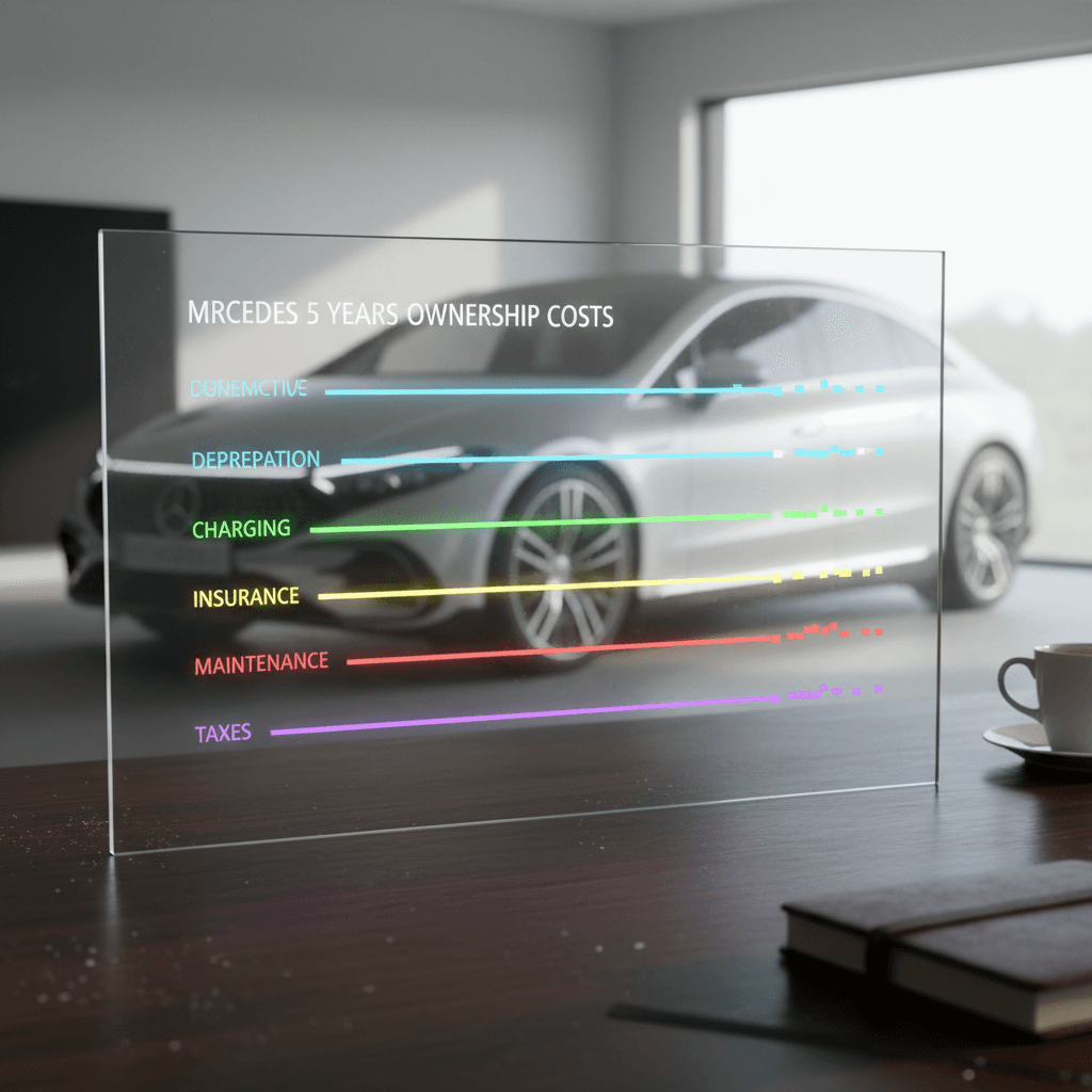 Illustrated bar chart showing 5-year Mercedes EQS ownership cost breakdown by depreciation, electricity, insurance, maintenance and taxes