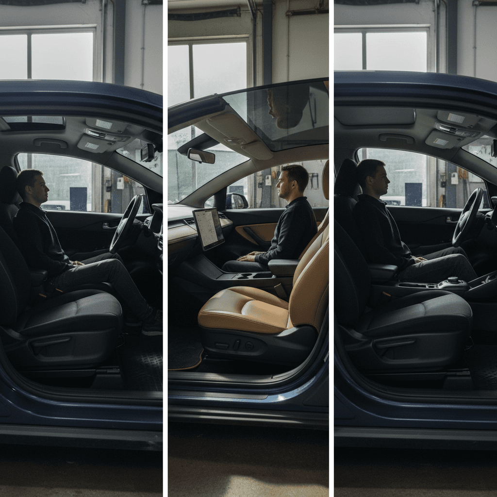 Comparison of several used electric cars showing generous front headroom and legroom for a tall driver