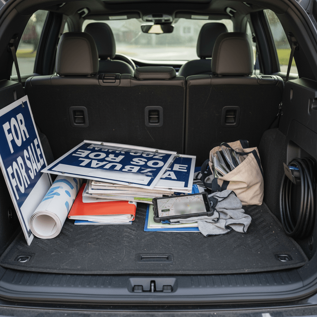 Open cargo area of an electric SUV loaded with real estate signs, lockboxes, and marketing materials