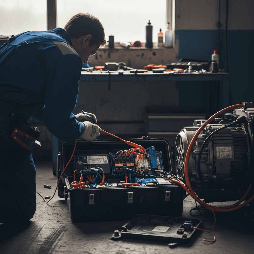 Technician inspecting the high-voltage battery junction box on a 2021 Ford Mustang Mach-E in a service bay