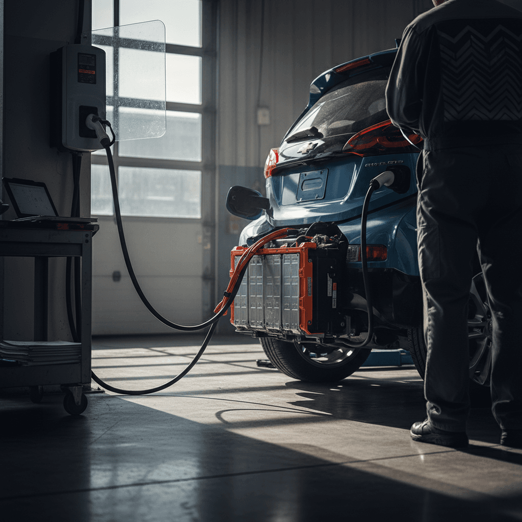 Technician performing a battery and charging system inspection on a 2022 Chevrolet Bolt EV in a service bay