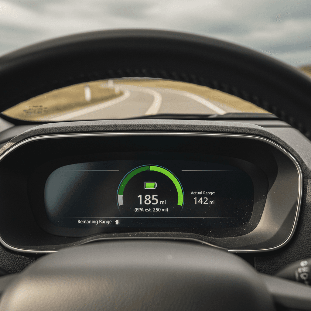 Close-up of an EV instrument cluster showing battery state of charge and remaining range estimate side by side
