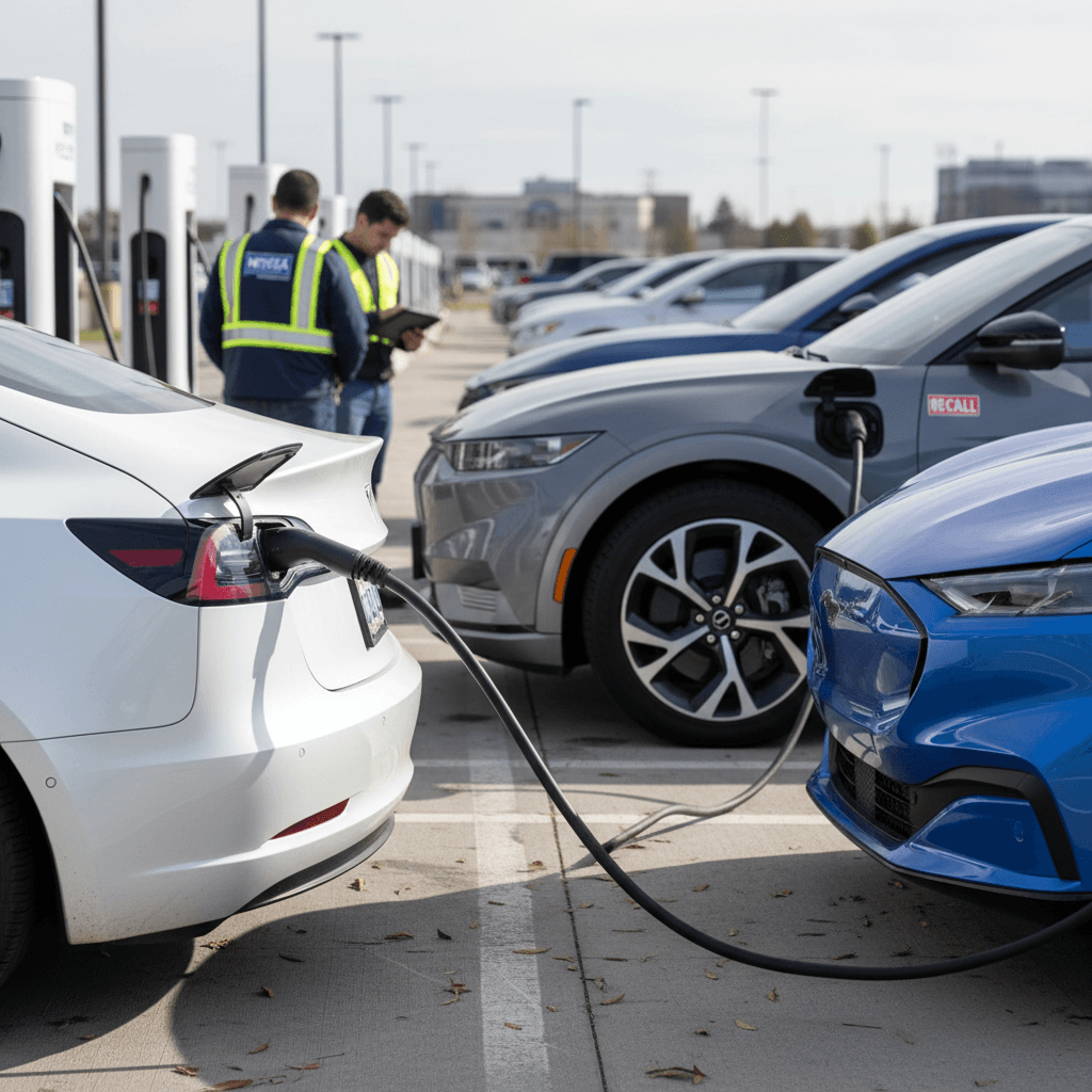 Lineup of several popular electric hatchbacks and crossovers parked at a public charging plaza in daylight