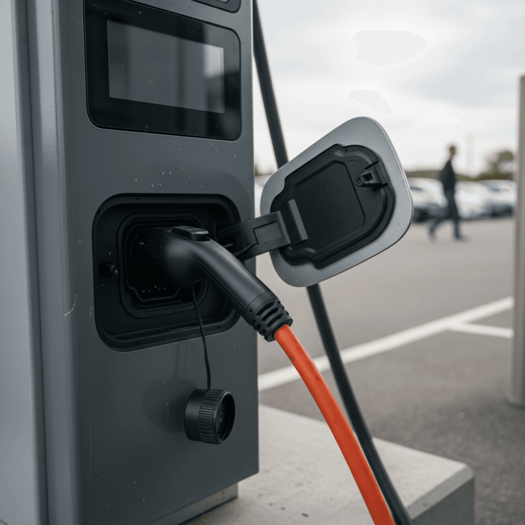 Charging port and door detail on a parked 2023 Hyundai IONIQ 6 at a public charger