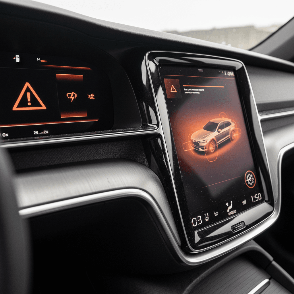 Volvo EX90 cockpit with central touchscreen showing multiple system status icons and driver-assistance indicators