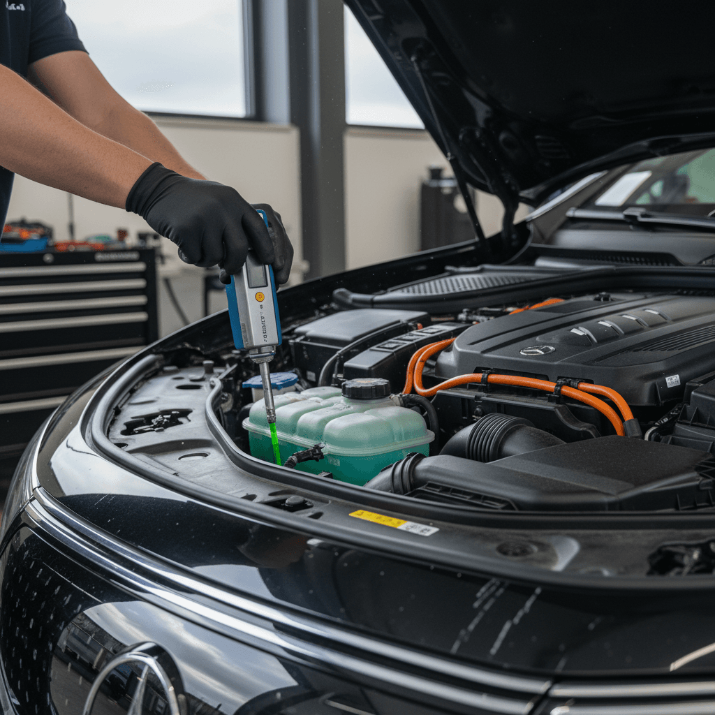 Technician inspecting coolant reservoir inside the front compartment of a Mercedes EQS