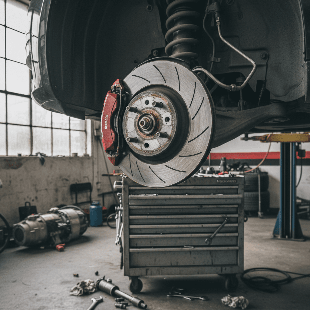 Tesla Model 3 up on a lift with the front wheel removed, showing the brake caliper and rotor during an inspection