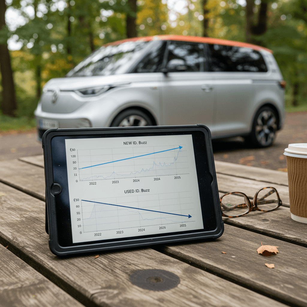 Tablet screen showing a used Volkswagen ID. Buzz listing with pricing history and value chart overlayed on the van