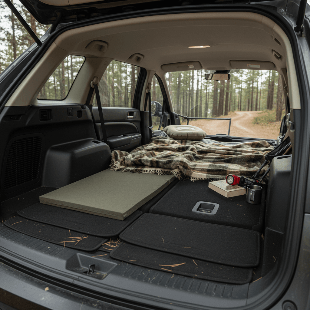 Honda Prologue rear cargo area with folded rear seats and simple camping mattress