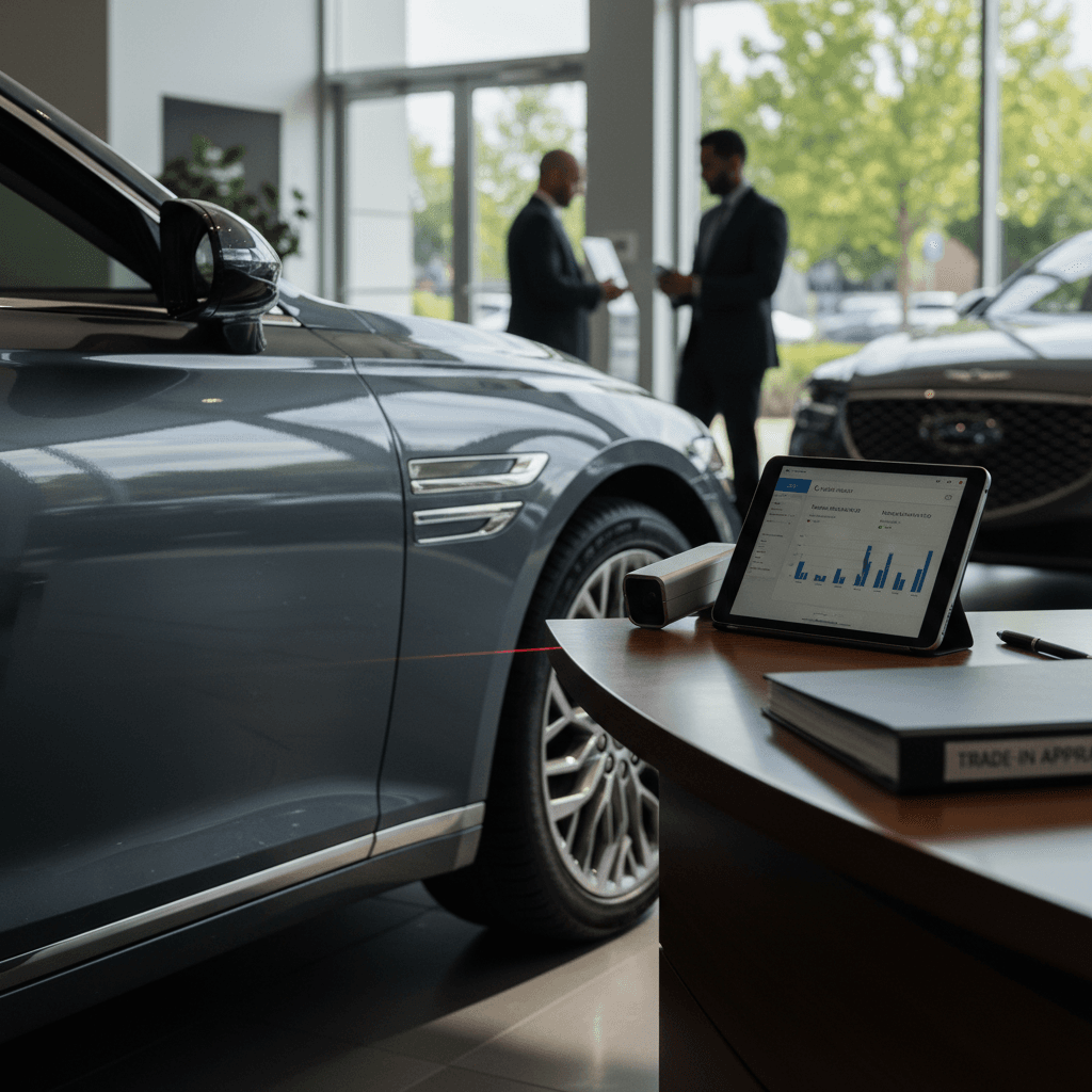 Technician running a battery health diagnostic on a Genesis Electrified G80 before trade in