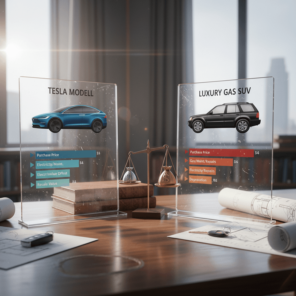 Side by side bar chart comparing 5 year ownership costs of a Tesla Model X and a similar gas luxury SUV