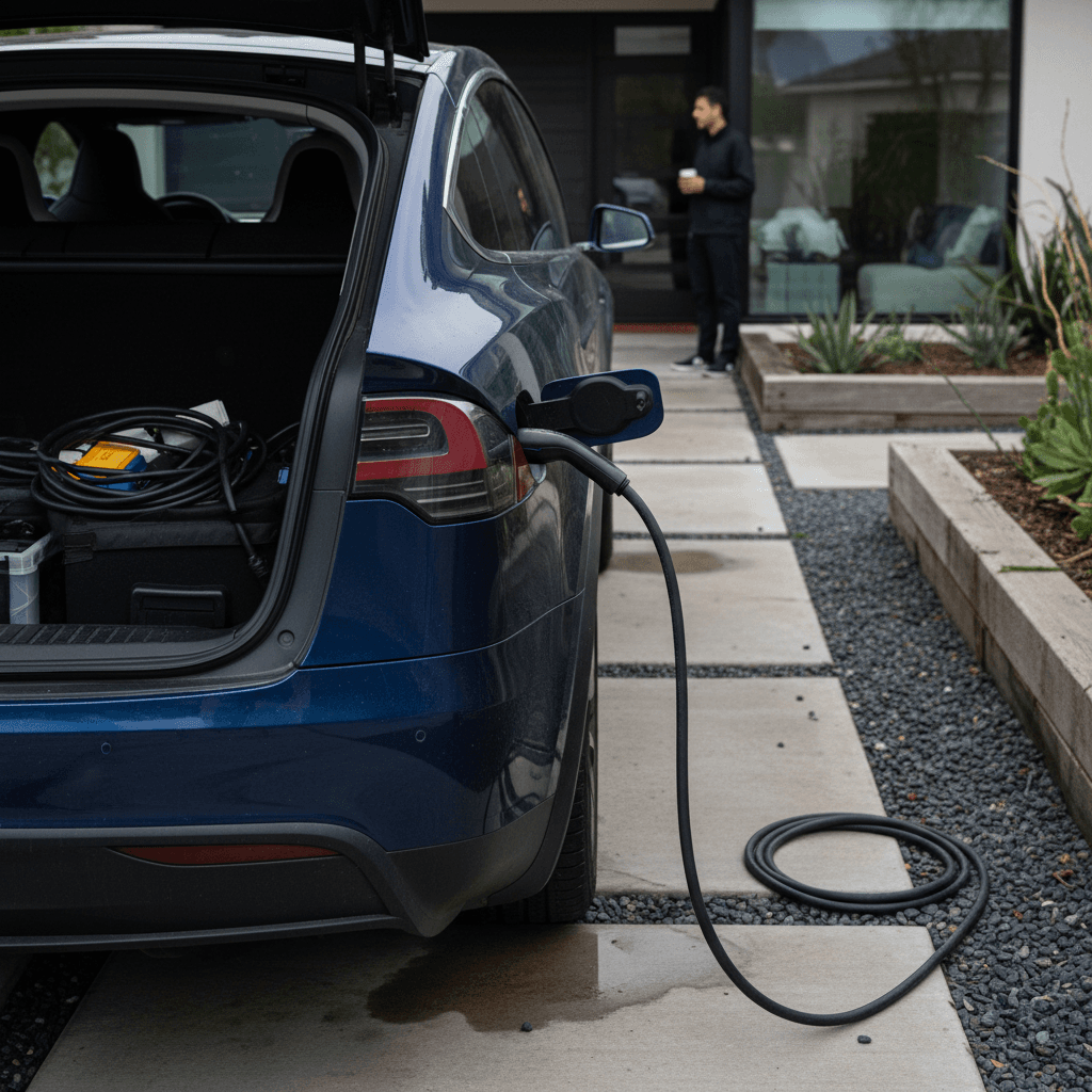 Tesla Model X plugged into a home charger in a modern driveway, illustrating EV ownership and charging at home