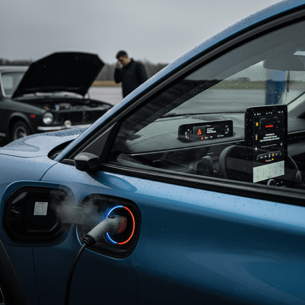Ford Mustang Mach‑E charge port and instrument cluster warning lights illuminated