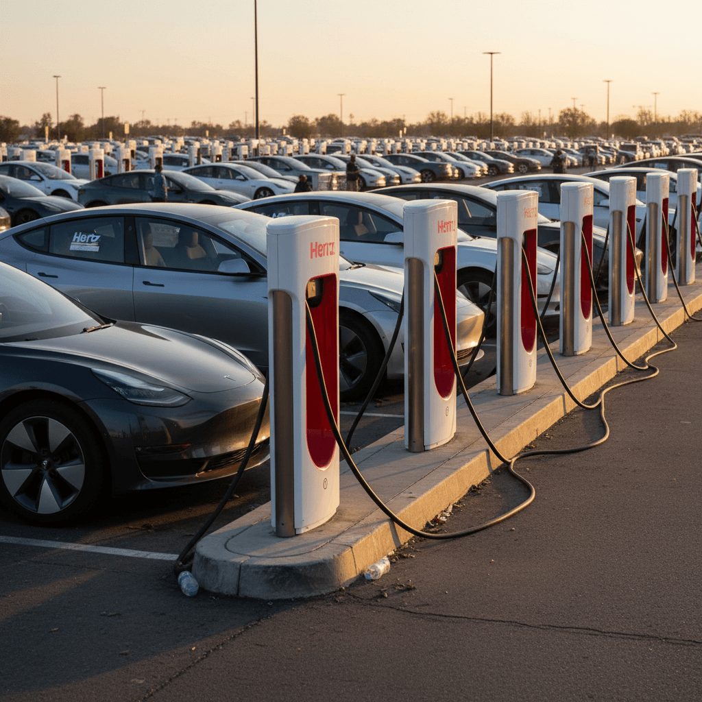 Row of Tesla vehicles charging at a Supercharger station