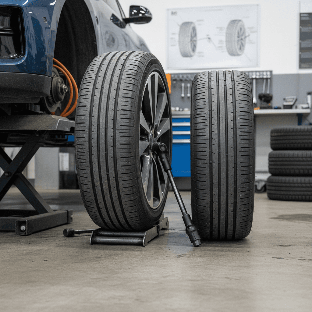 Mechanic checking EV tire tread depth with a gauge in a service bay