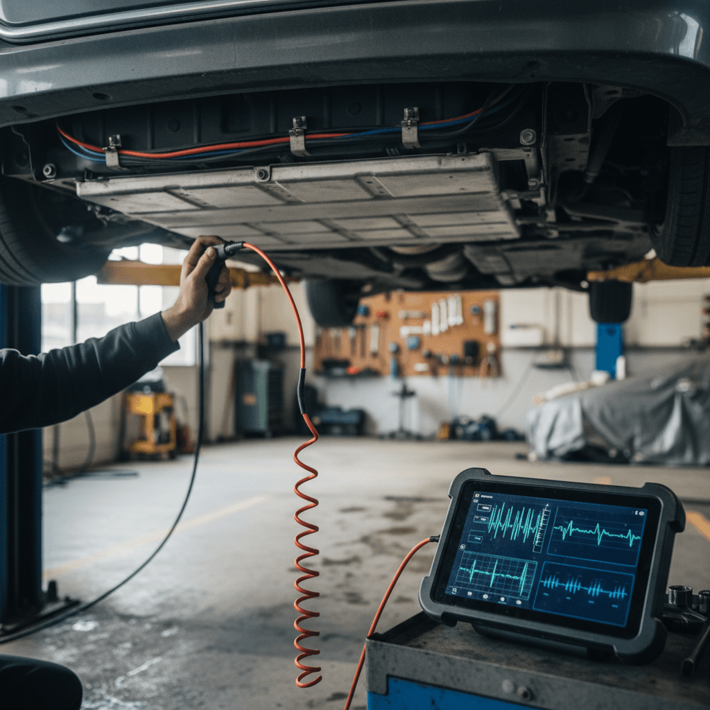 Mechanic checking tread depth and wear on an electric car tire in a service bay