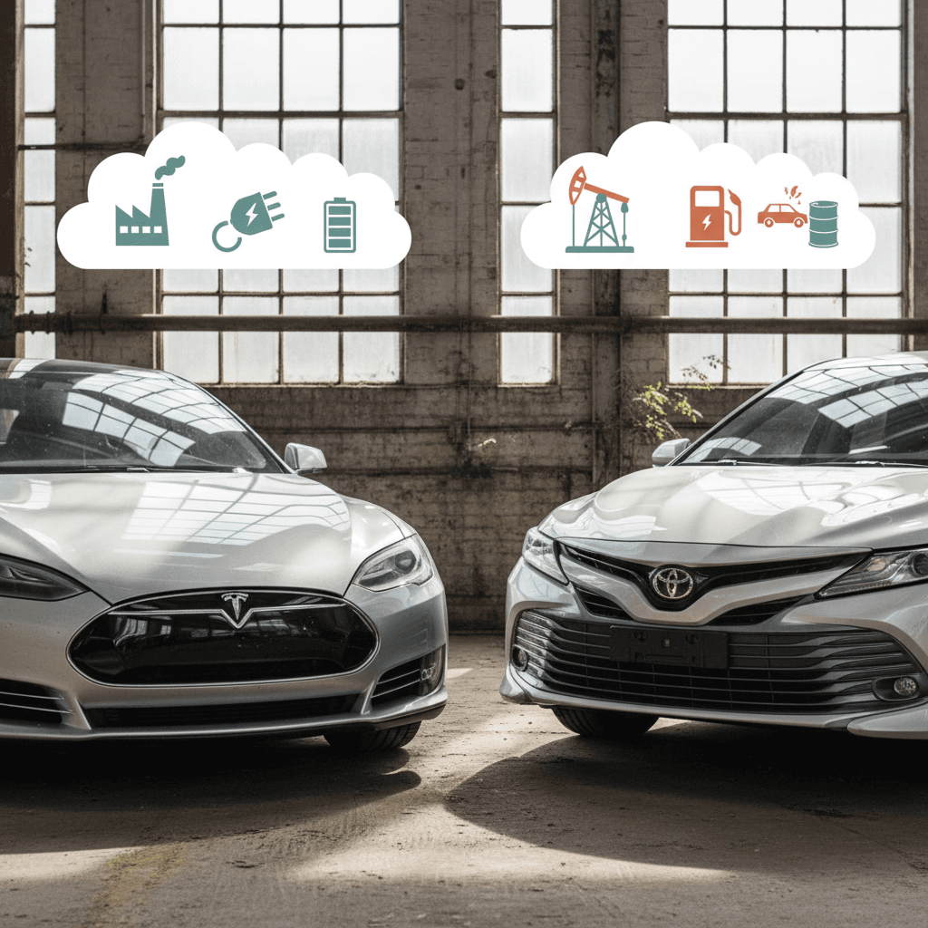 Illustrated comparison of total lifecycle emissions from an electric car and a gasoline car from manufacturing through end-of-life