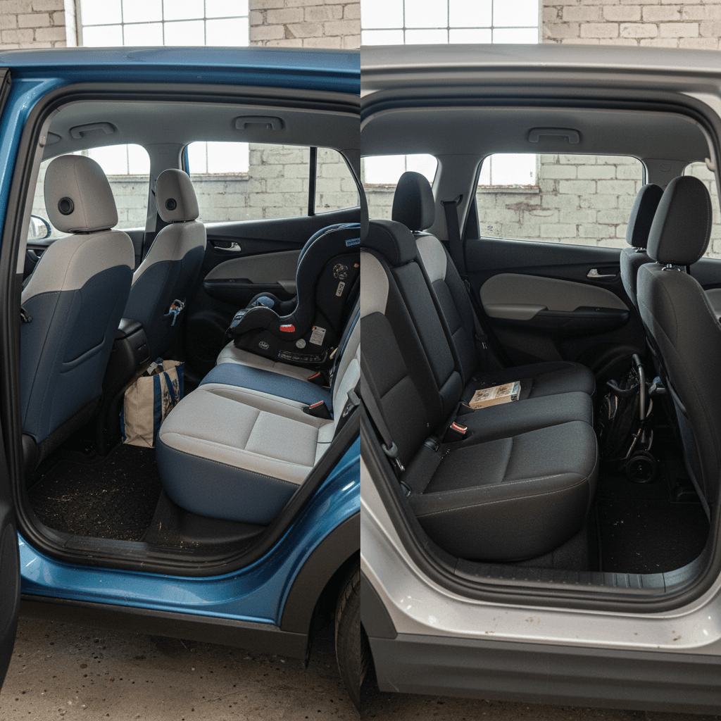 Side-by-side interior view highlighting rear-seat legroom and cargo area in a Chevy Bolt EUV and Hyundai Kona Electric