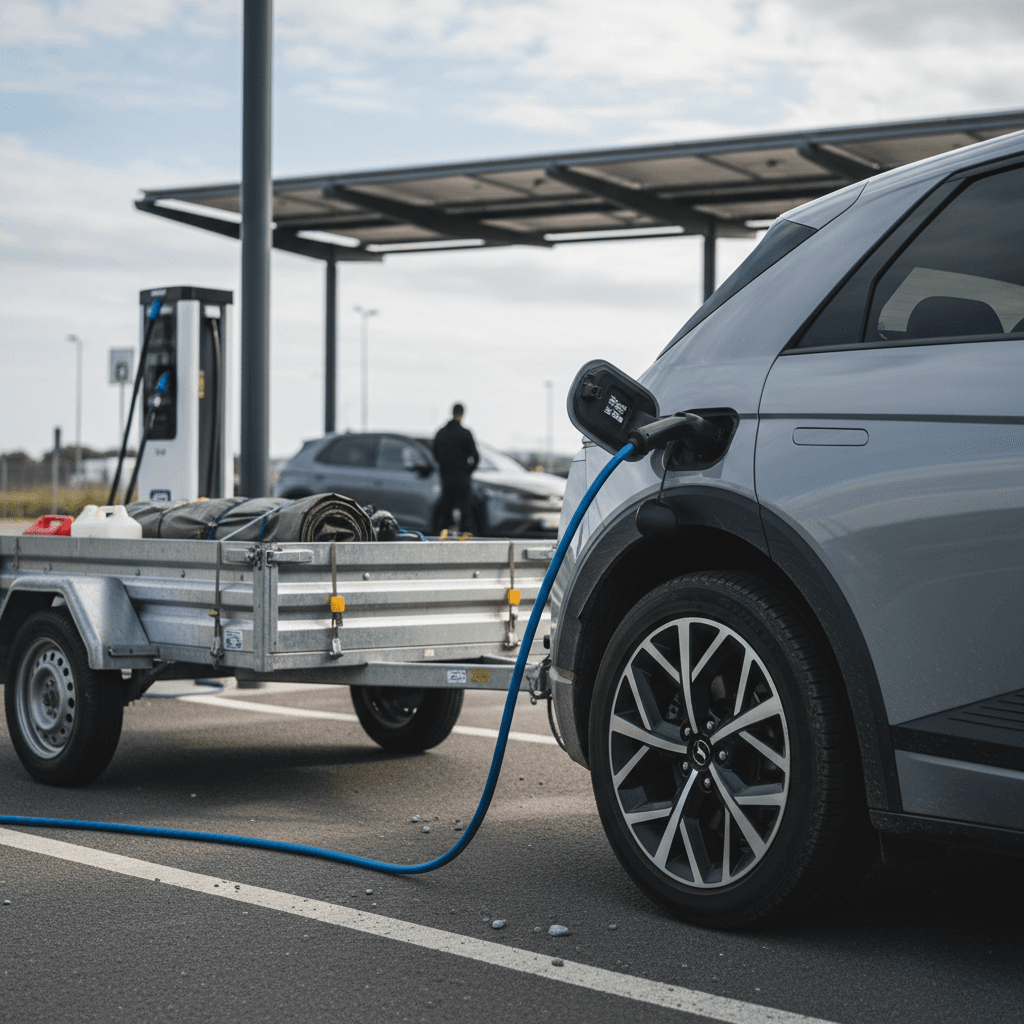 Polestar 2 with factory tow hitch backing a small trailer into a driveway, illustrating real-world towing use