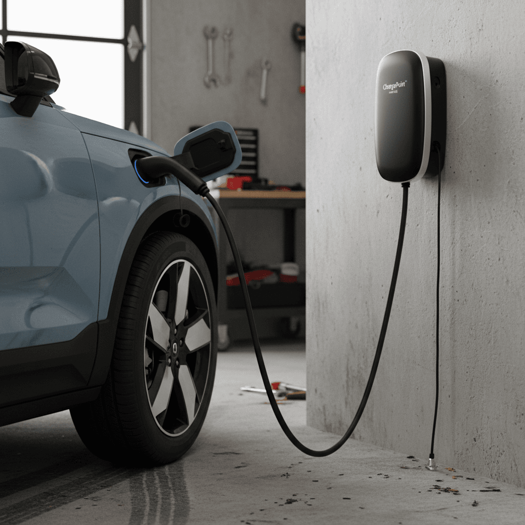 Wall-mounted Level 2 home EV charger in a garage with its cable plugged into a compact electric SUV similar to a Volvo EX30