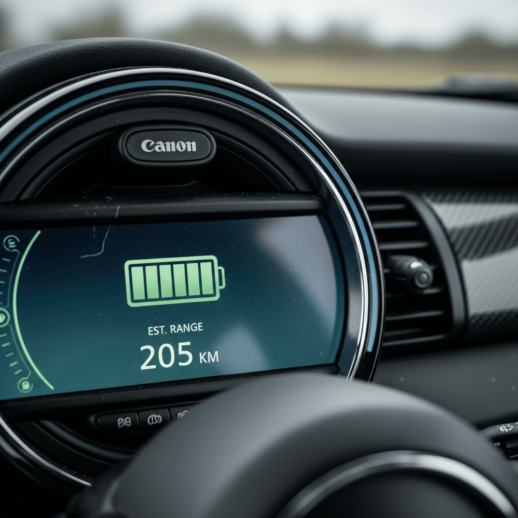 Mini Cooper SE dashboard showing battery state of charge and remaining range estimate on central display