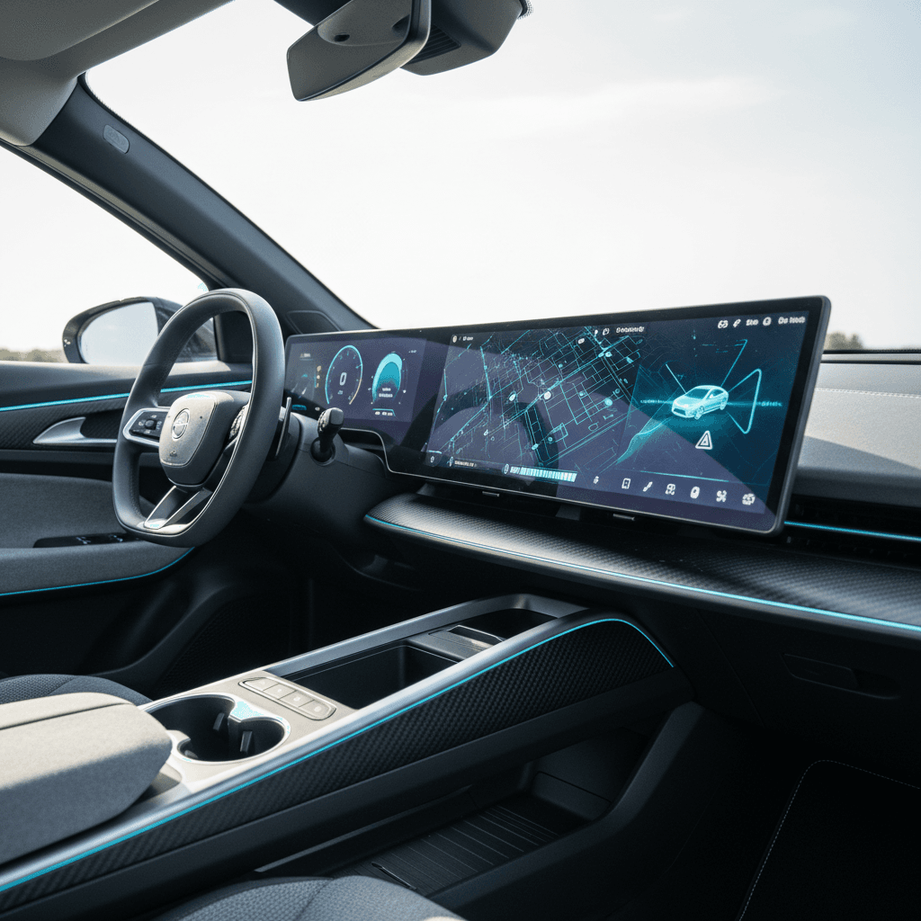 High-tech electric car cockpit with oversized center touchscreen and digital driver display