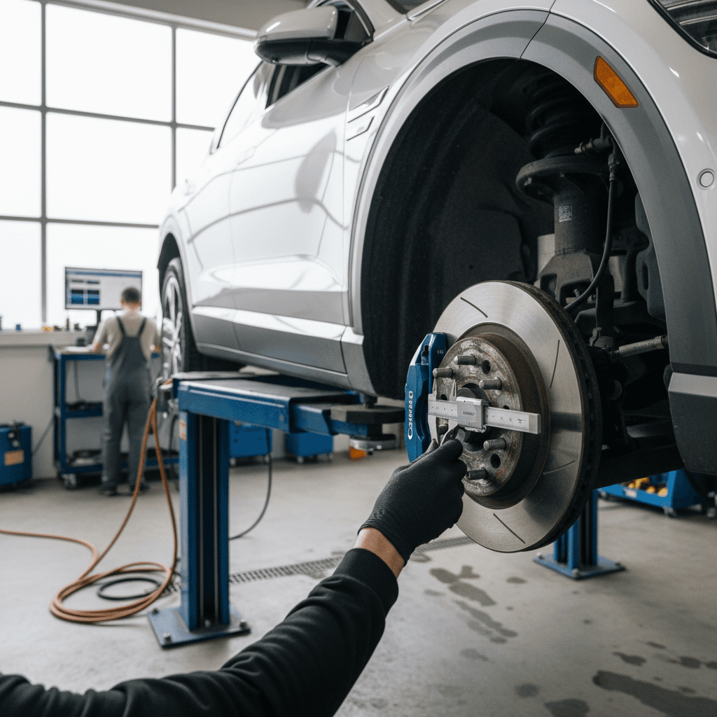 Mechanic inspecting brakes and suspension on a Genesis GV60 on a lift