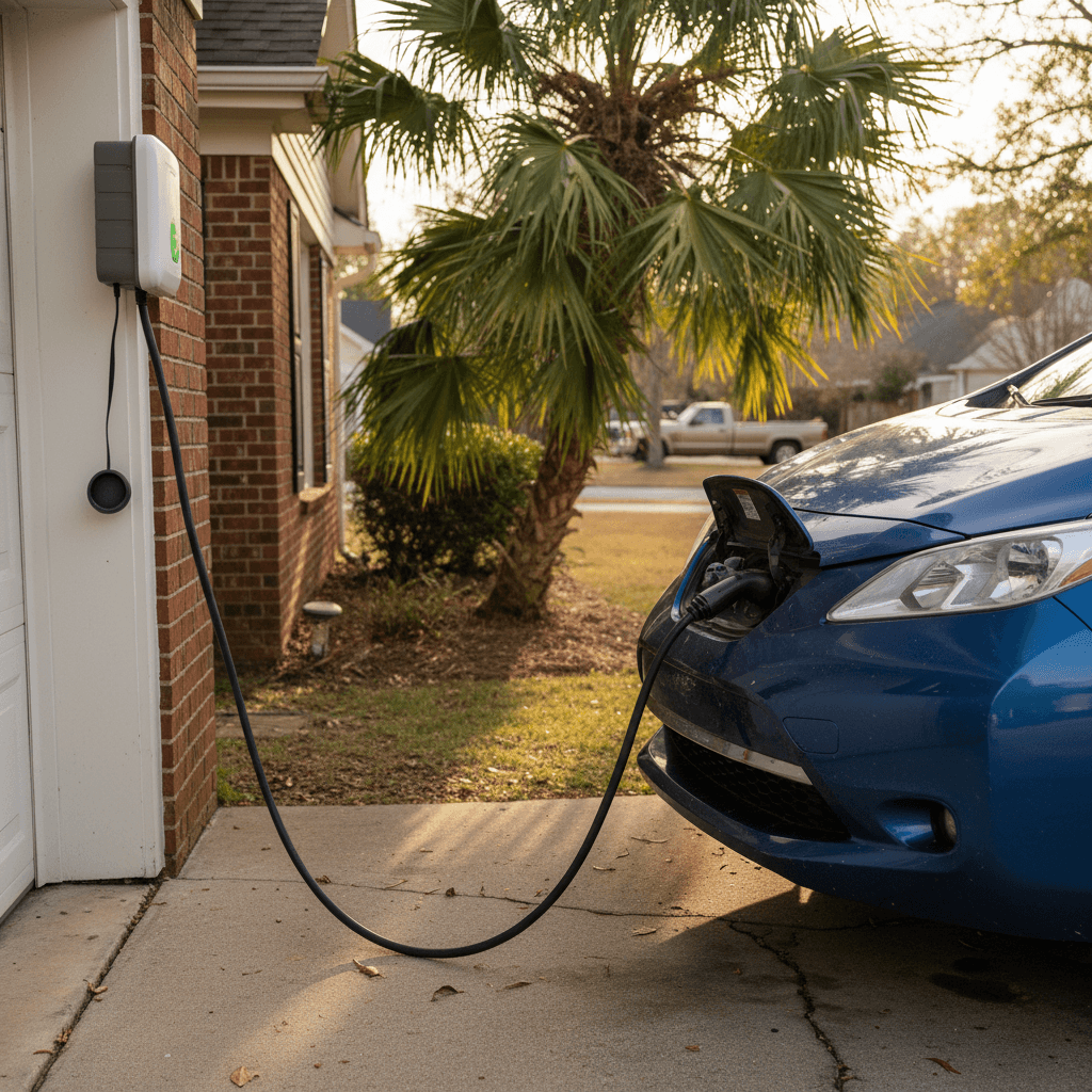 Used electric car charging on a Level 2 home charger in a South Carolina driveway with palm trees and a suburban house in the background