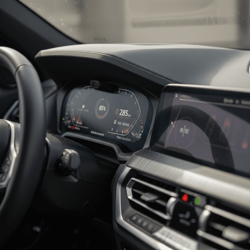 BMW i4 digital dashboard view showing state of charge, range estimate, and battery graphics