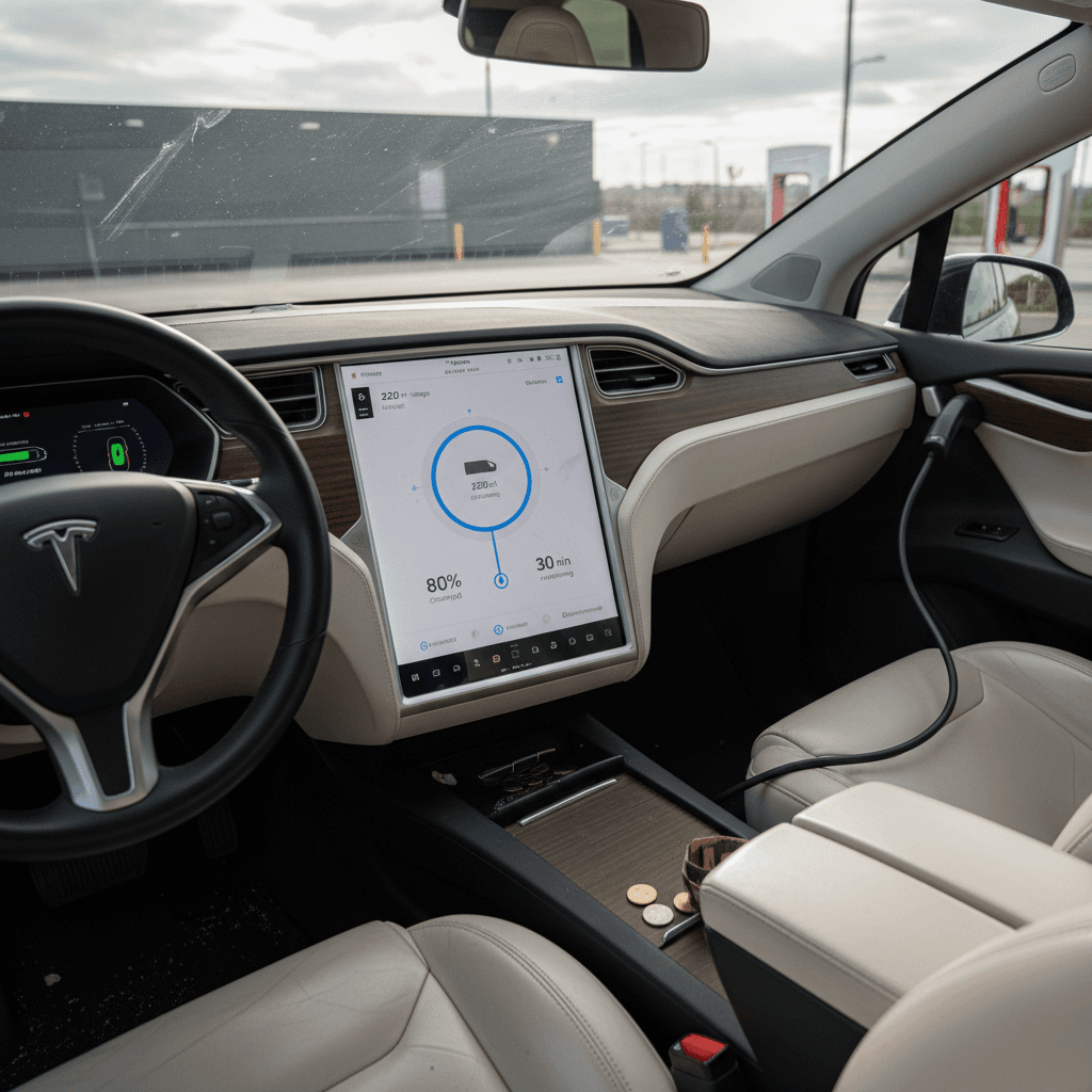 Interior of a 2020 Tesla Model X showing panoramic windshield and center touchscreen while charging