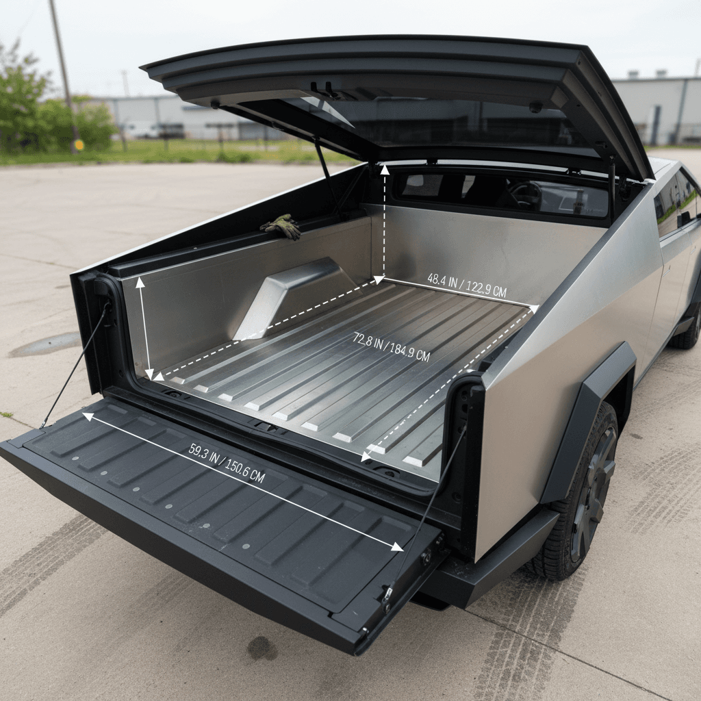Top‑down view of Tesla Cybertruck showing bed and frunk areas highlighted with dimensions