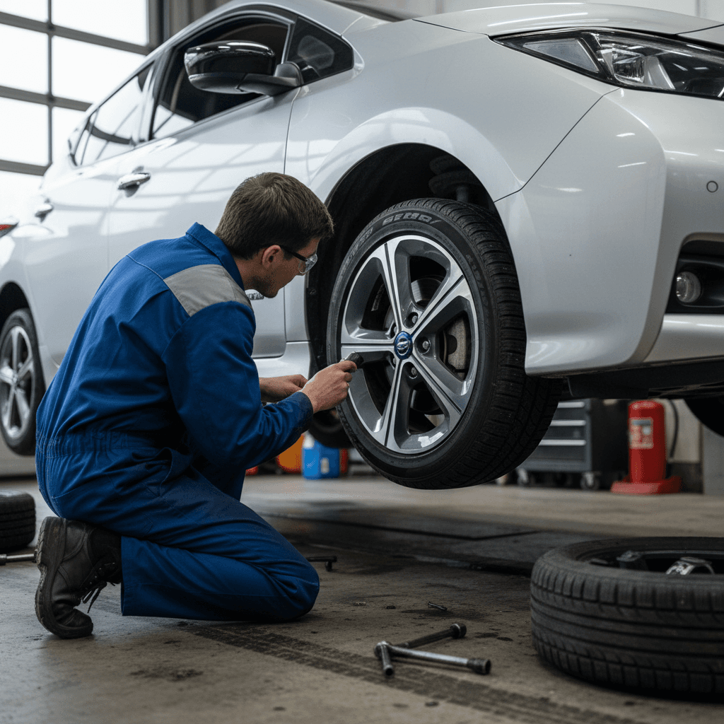 Technician inspecting tires and brakes on a Nissan Leaf on a service lift