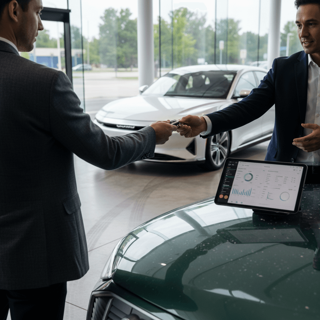 Sales consultant using a tablet to appraise a Lucid Air trade-in while the car is parked outside a dealership