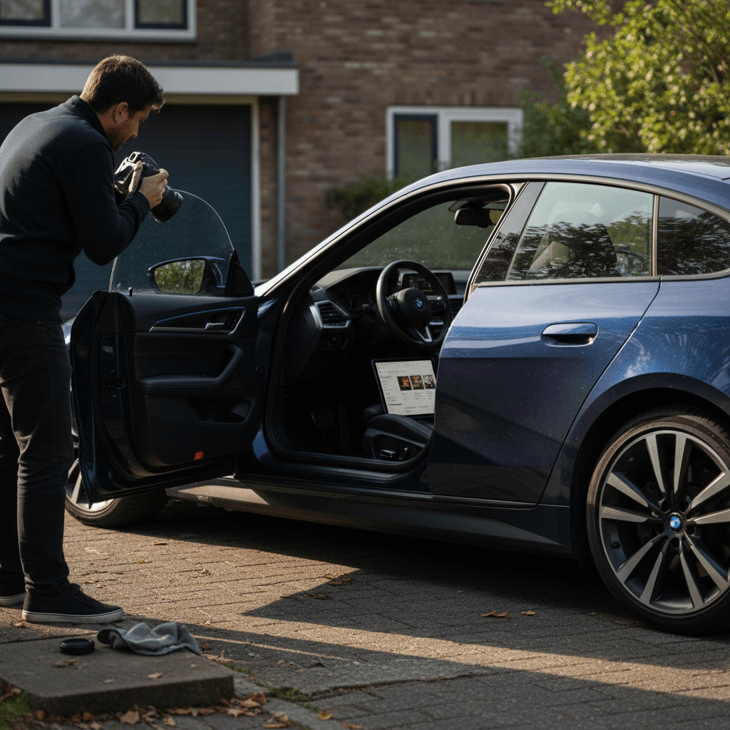 Owner photographing a clean BMW i4 parked in a driveway after detailing, preparing it for a used EV listing