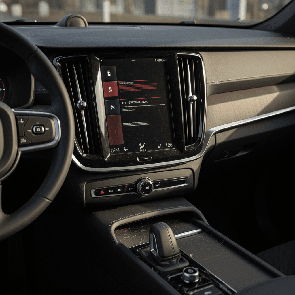 Volvo EX90 digital dashboard and central touchscreen displaying multiple alerts and driver-assistance icons