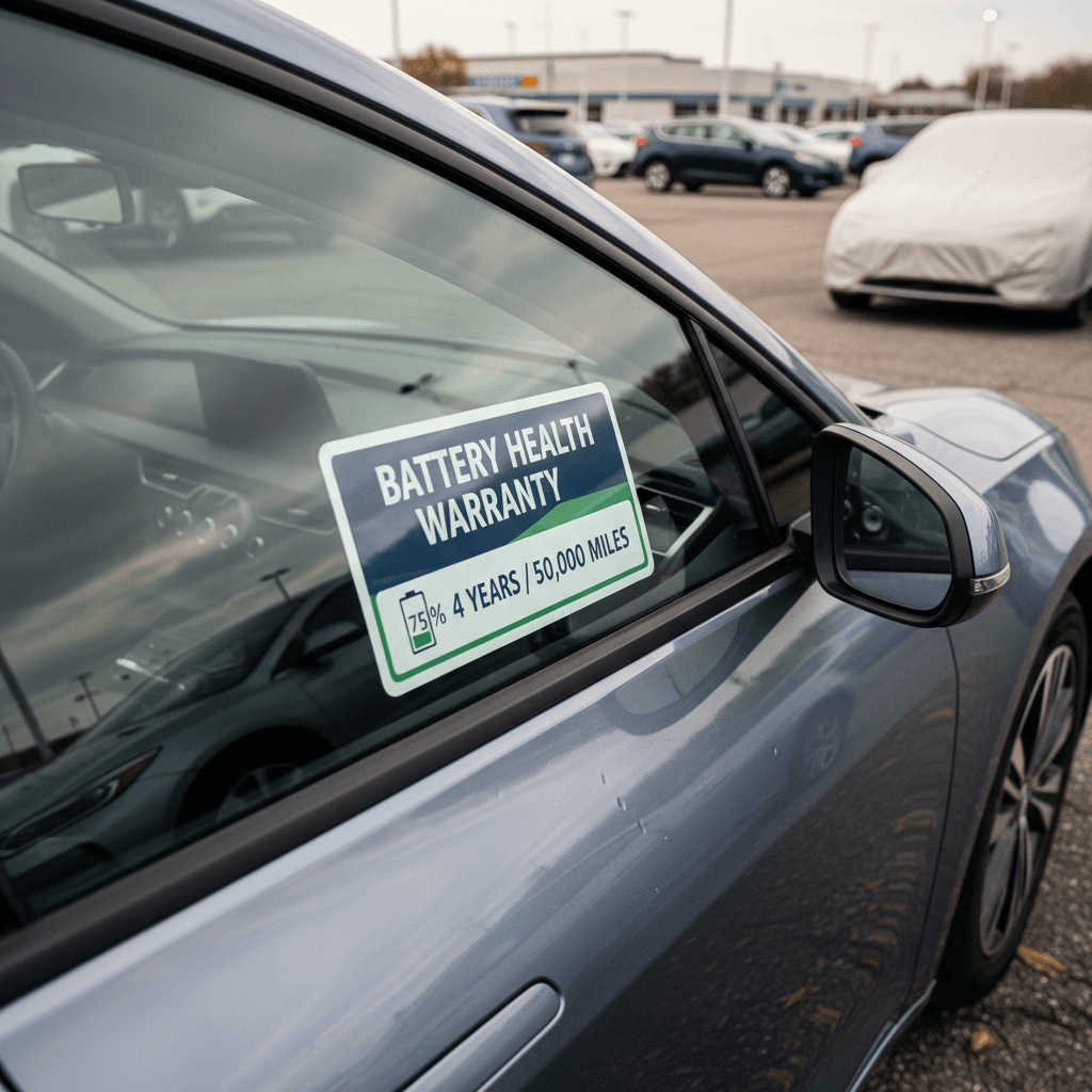 Used electric car with a prominent window sticker showing price and remaining battery warranty to attract buyers