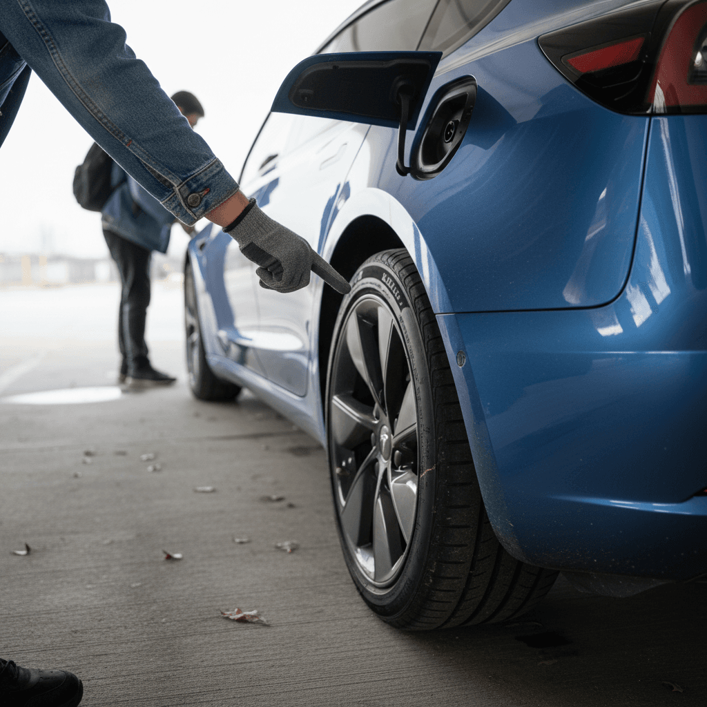 Buyer checking the charging port and wheels on a 2020 Tesla Model 3 before purchase