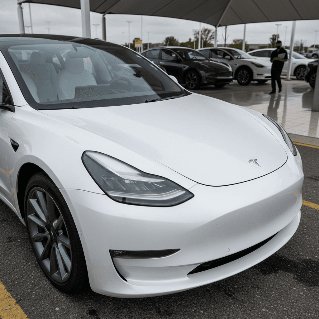Pearl White Tesla Model 3 Highland parked at a used EV dealership lot, highlighting one of the most popular colors in 2026