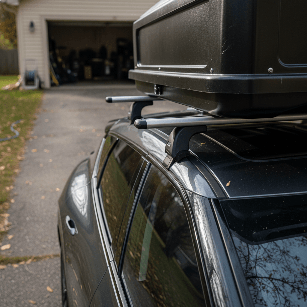 Kia EV6 with crossbars and a roof cargo box being loaded in a driveway