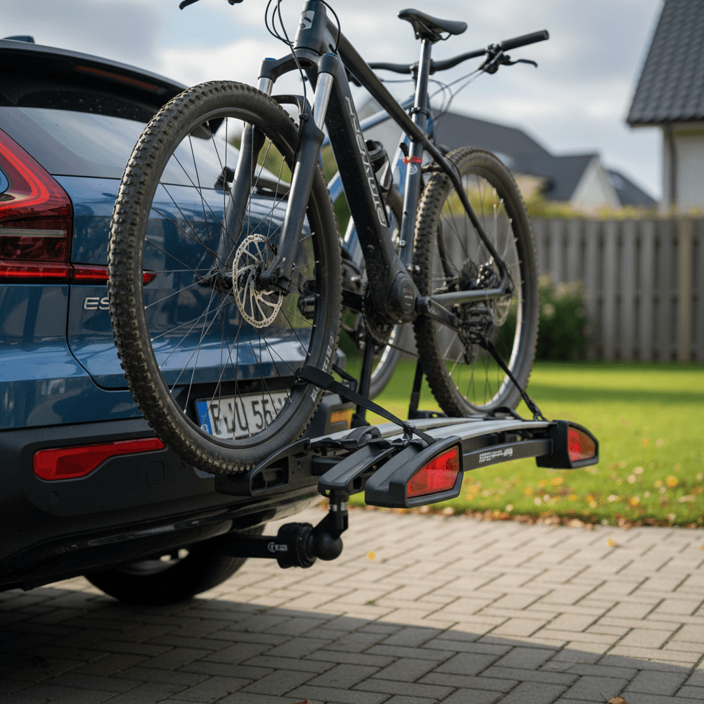 Hitch-mounted platform bike rack holding two bicycles on an electric crossover SUV in a driveway