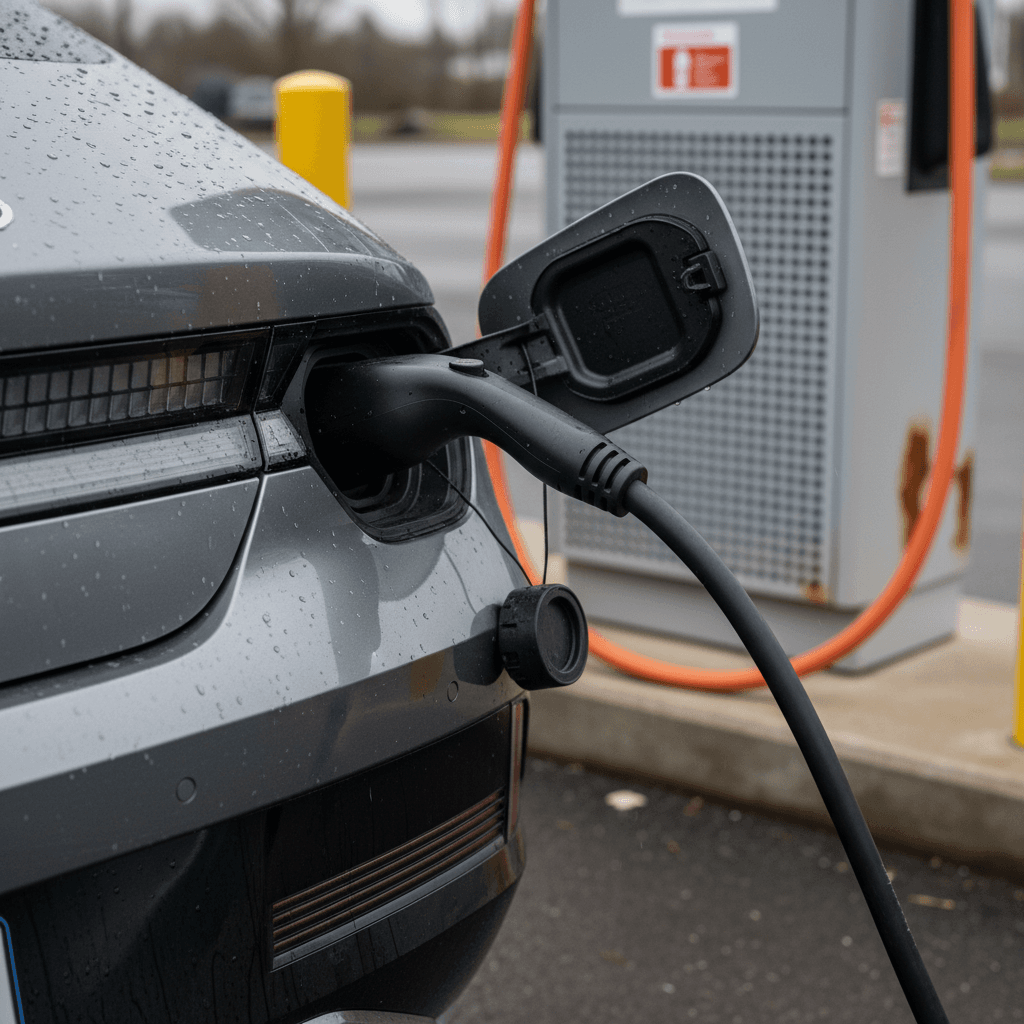 Close-up rear view of a Hyundai Ioniq 6 plugged into a public DC fast charger, highlighting the charge port and taillight design