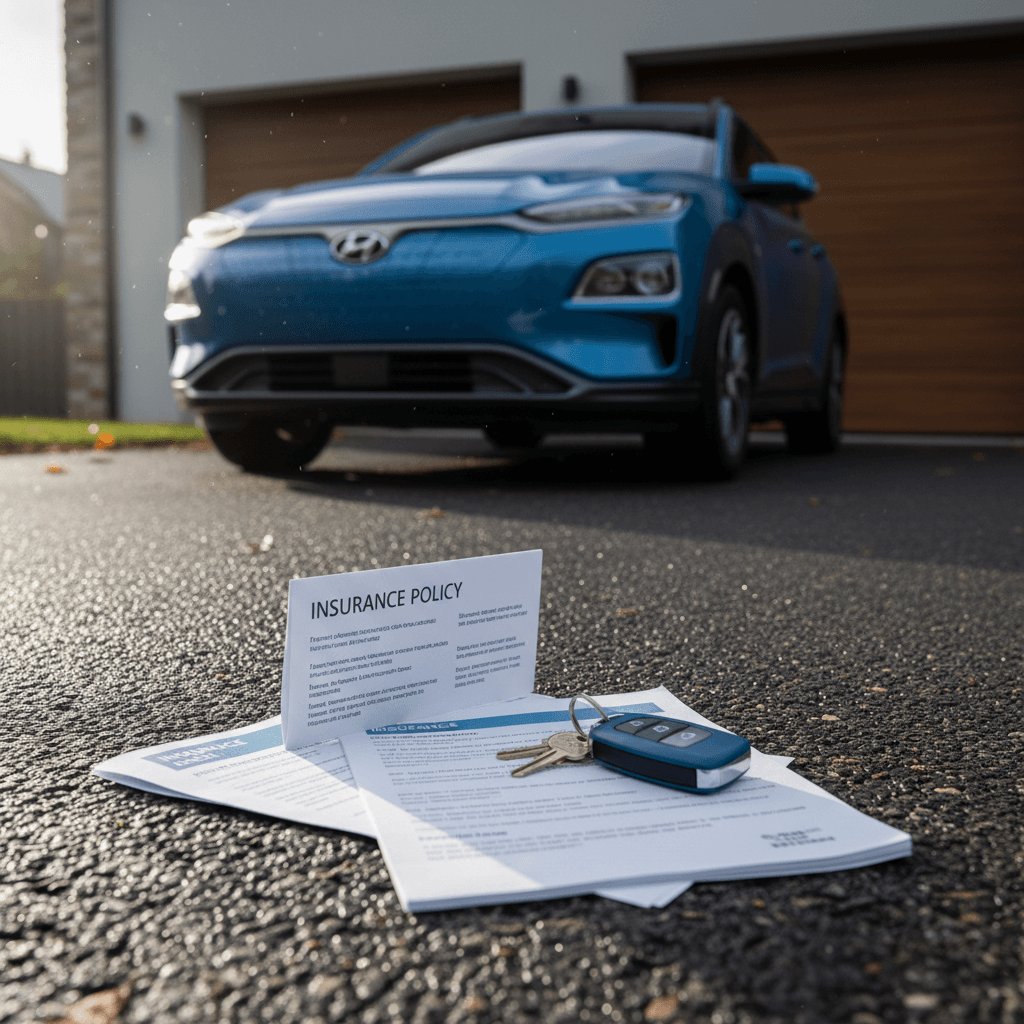 Blue Hyundai Kona Electric parked in a driveway beside insurance documents and car keys