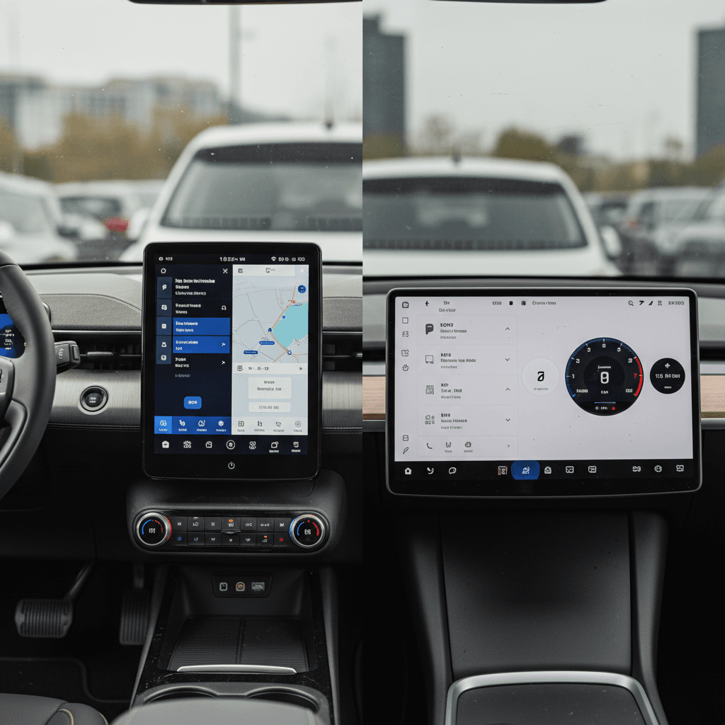 Side-by-side view of Ford Mustang Mach-E and Tesla Model Y interiors highlighting different screen layouts and control designs
