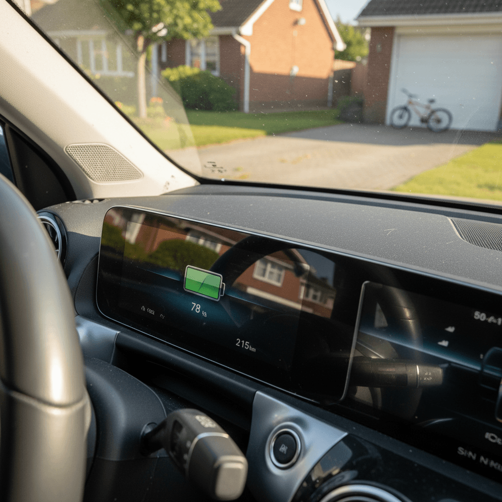 Driver view of a 2023 Mercedes EQB digital instrument cluster showing state of charge and remaining range
