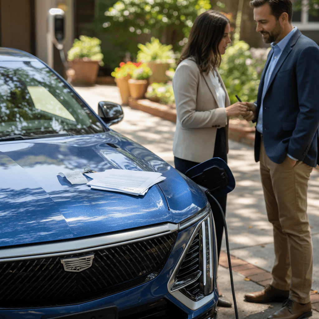 Seller reviewing battery health information with a buyer next to a charging Cadillac Lyriq in a residential driveway