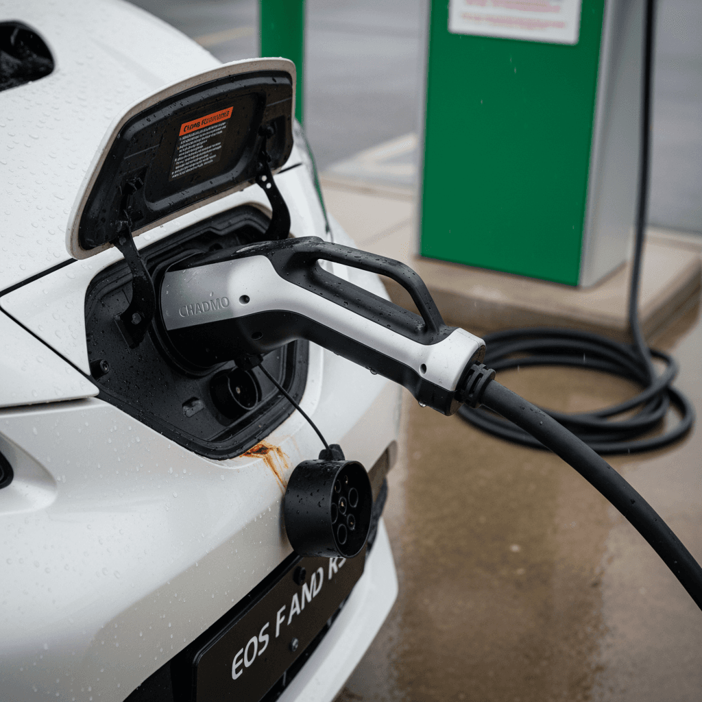 Close-up of a 2022 Nissan Leaf center screen showing the rearview camera image while reversing in a parking lot