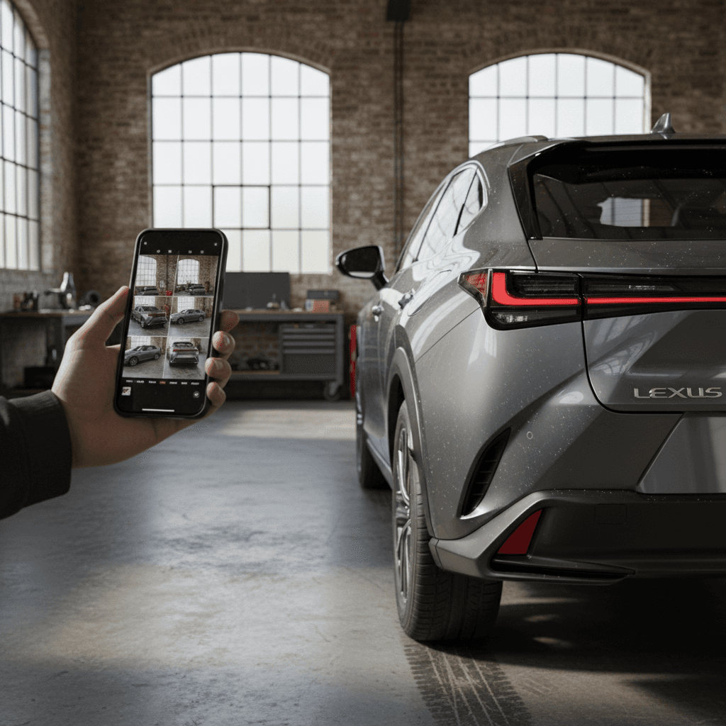 Owner photographing a clean Lexus RZ 450e SUV in a driveway for an online sale listing