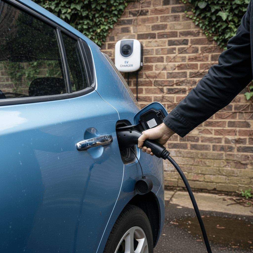 Driver plugging in a used electric hatchback to a home Level 2 charger