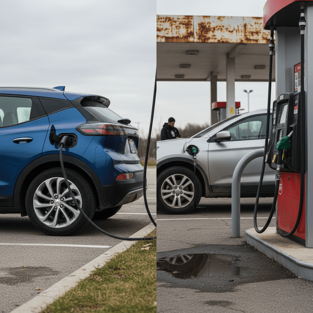 Chevrolet Bolt EUV charging next to a gas-powered compact crossover at a station